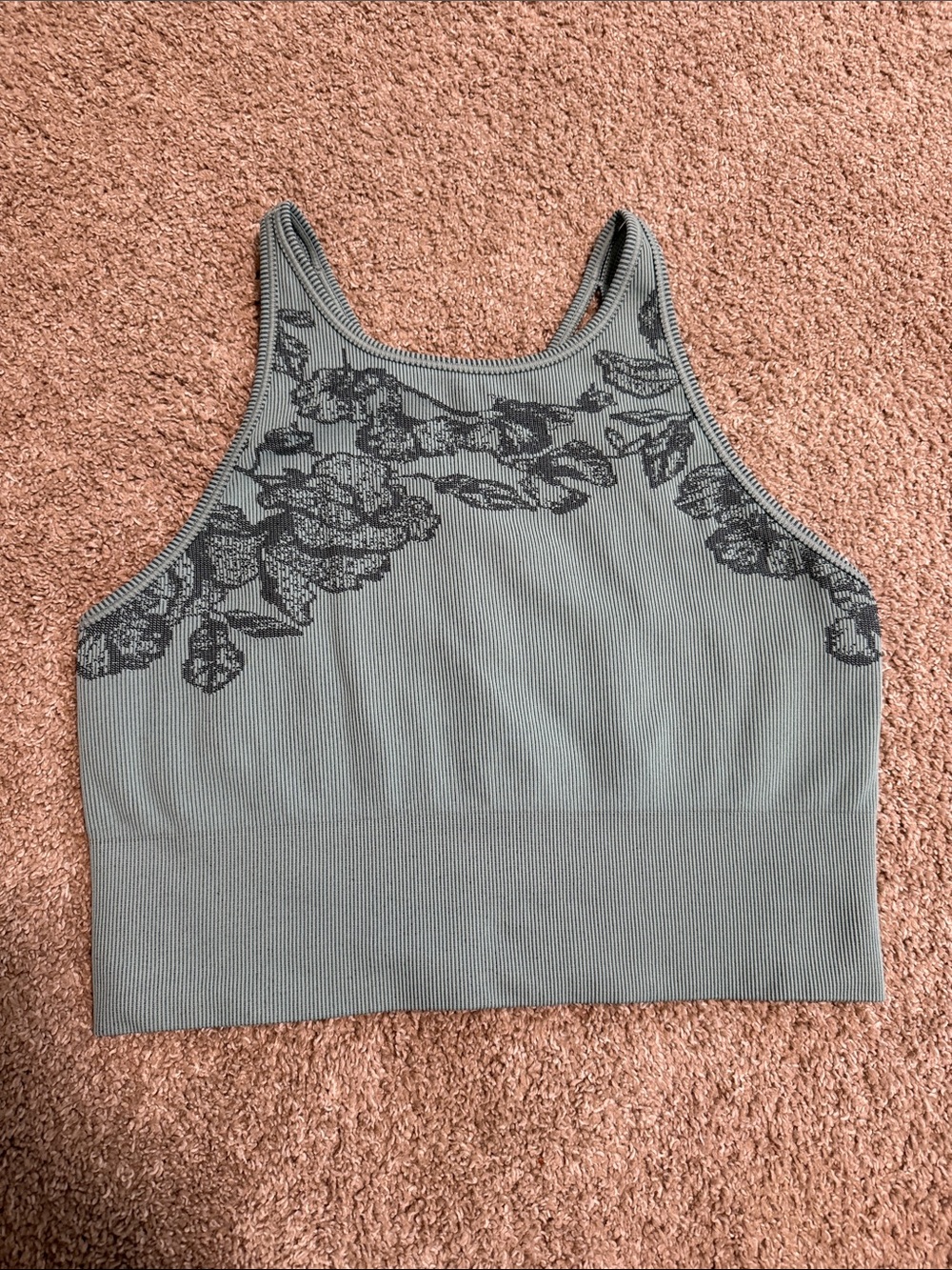 Ribbed Floral High-Neck Crop Bralette in Sage Green from Athleta